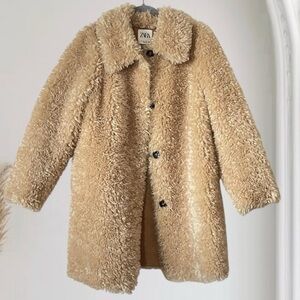 ZARA Teddy Faux Shearling Coat | Size Medium | Beige/Camel